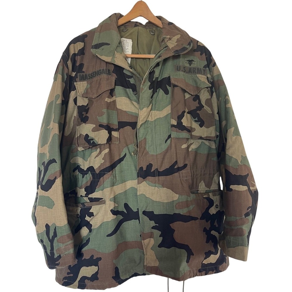 Vintage US Army Field Coat Woodland Camo Military Jacket Massingale Med/Long